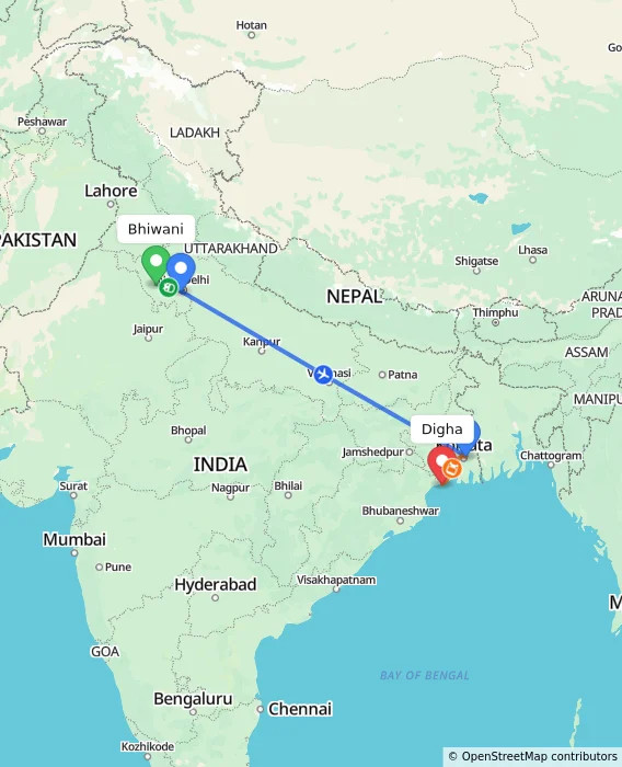 Route map showing distance and travel time from Bhiwani, India to Digha, India