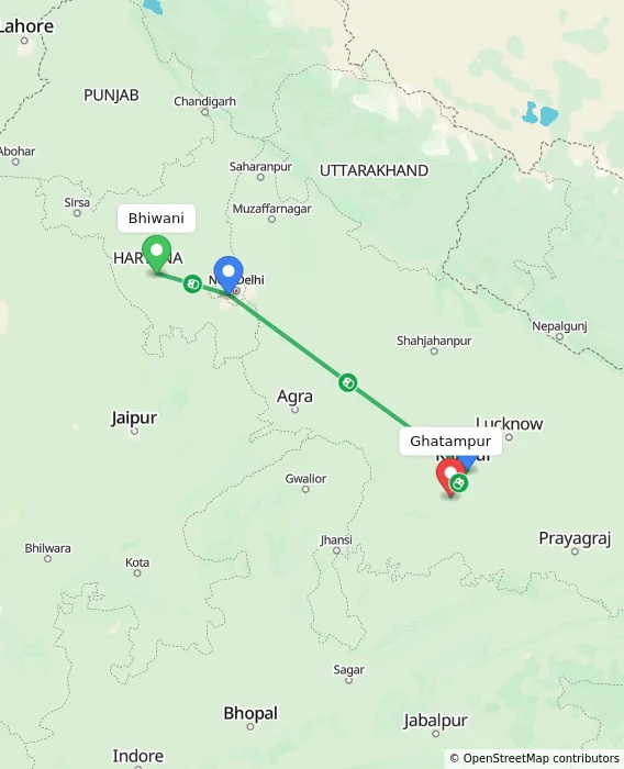 Route map showing distance and travel time from Bhiwani, India to Ghatampur, India