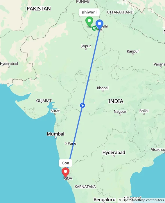 Route map showing distance and travel time from Bhiwani, India to Goa, India