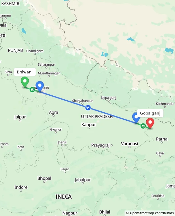 Route map showing distance and travel time from Bhiwani, India to Gopalganj, India