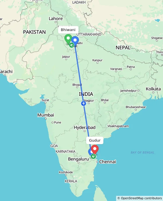 Route map showing distance and travel time from Bhiwani, India to Gudur, India