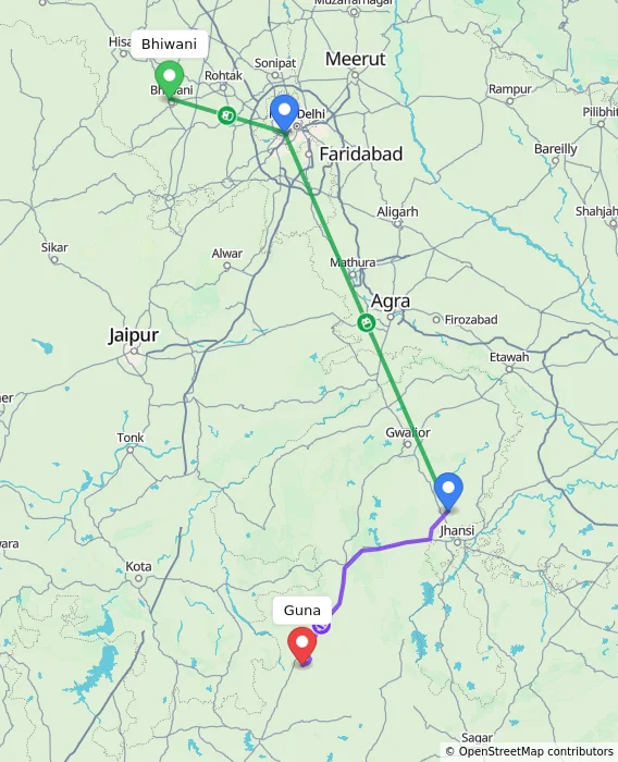 Route map showing distance and travel time from Bhiwani, India to Guna, India