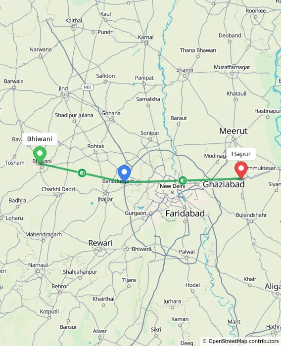 Route map showing distance and travel time from Bhiwani, India to Hapur, India