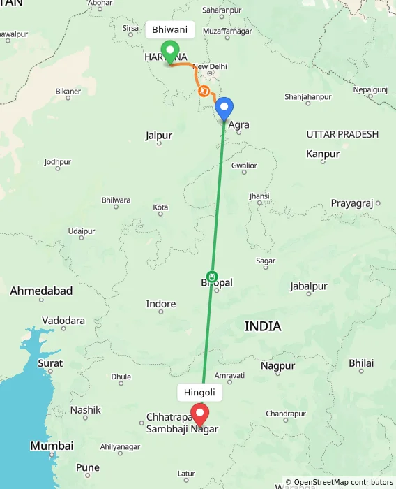 Route map showing distance and travel time from Bhiwani, India to Hingoli, India
