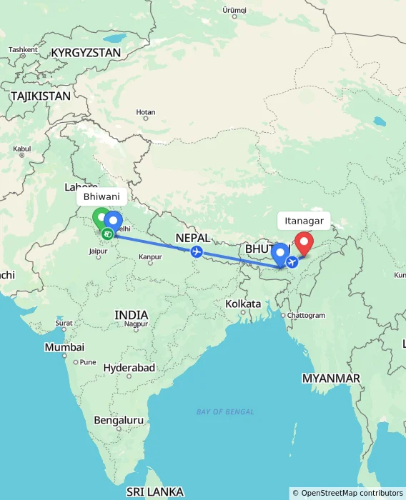 Route map showing distance and travel time from Bhiwani, India to Itanagar, India