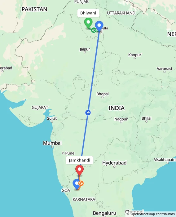 Route map showing distance and travel time from Bhiwani, India to Jamkhandi, India