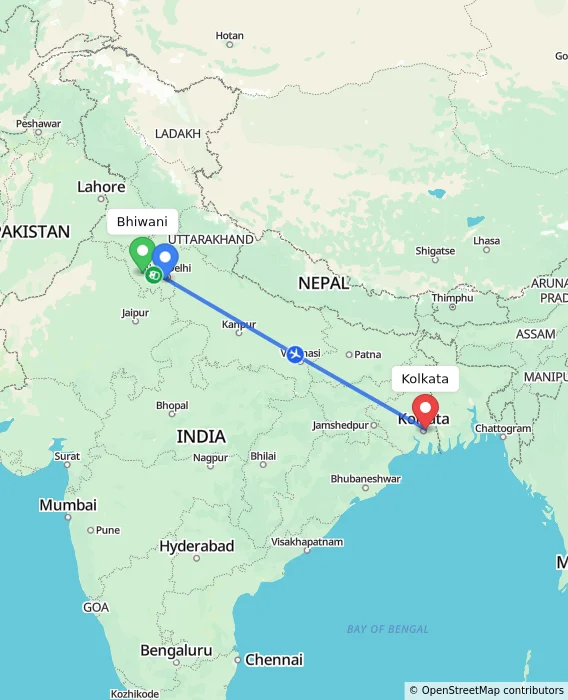 Route map showing distance and travel time from Bhiwani, India to Kolkata, India