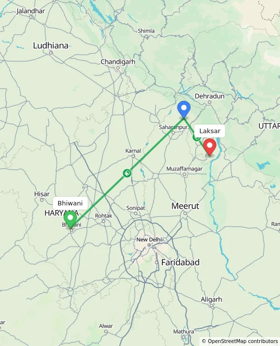 Route map showing distance and travel time from Bhiwani, India to Laksar, India