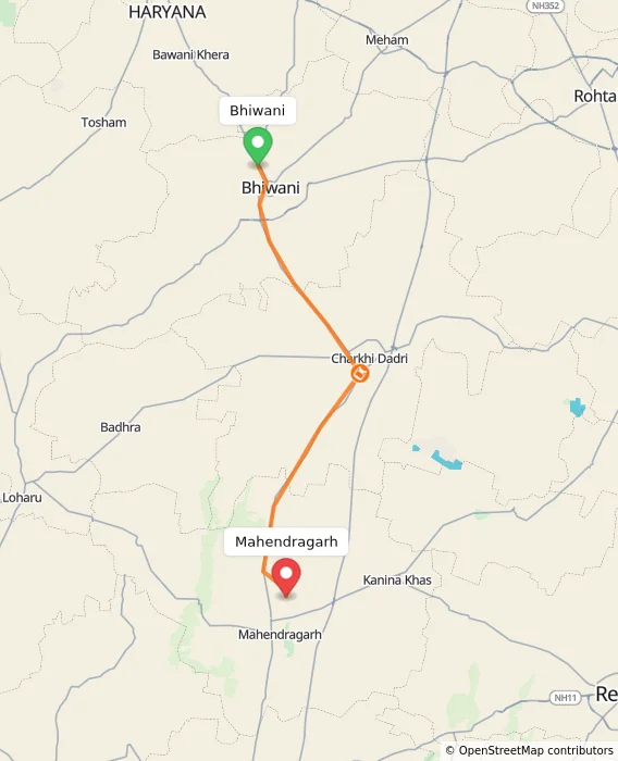 Route map showing distance and travel time from Bhiwani, India to Mahendragarh, India