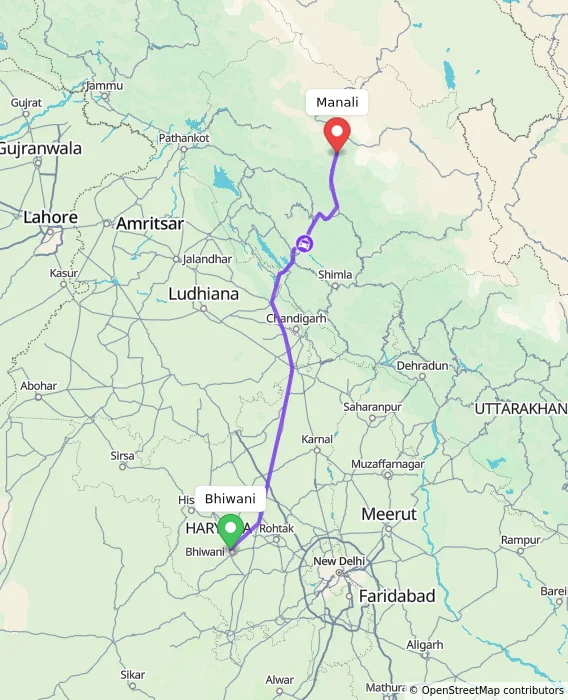 Route map showing distance and travel time from Bhiwani, India to Manali, India