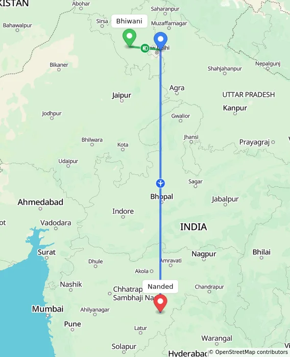 Route map showing distance and travel time from Bhiwani, India to Nanded, India
