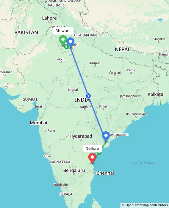 Route map showing distance and travel time from Bhiwani, India to Nellore, India