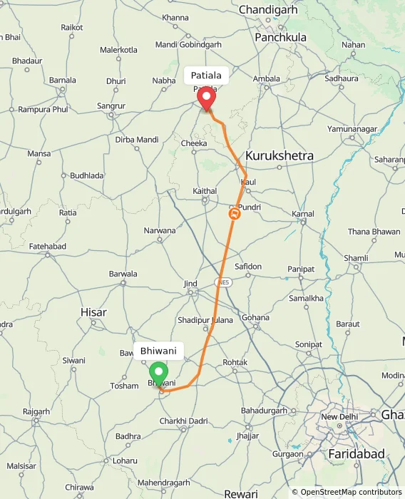 Route map showing distance and travel time from Bhiwani, India to Patiala, India