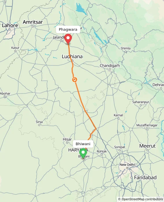 Route map showing distance and travel time from Bhiwani, India to Phagwara, India