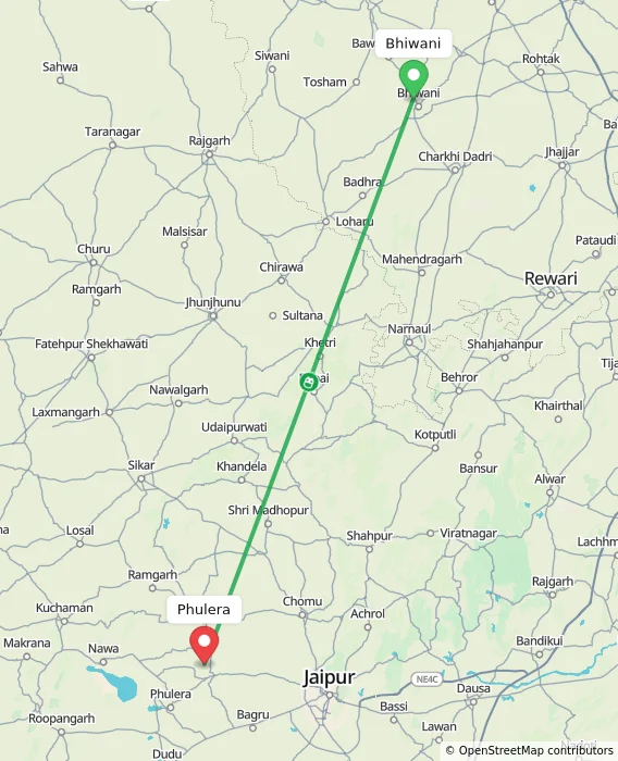 Route map showing distance and travel time from Bhiwani, India to Phulera, India