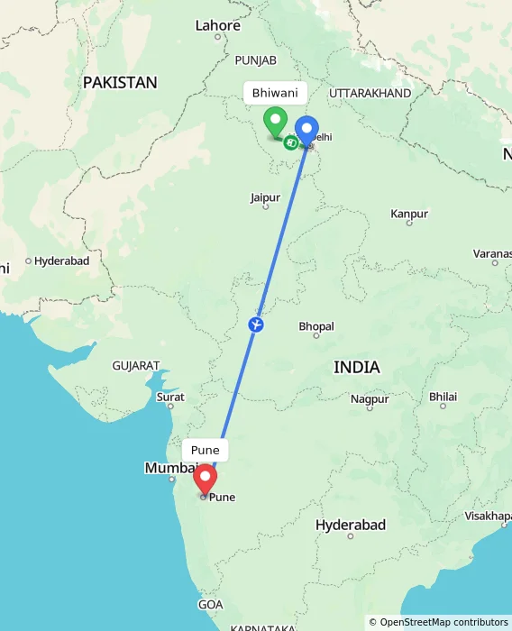 Route map showing distance and travel time from Bhiwani, India to Pune, India