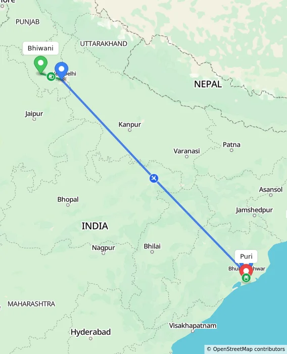Route map showing distance and travel time from Bhiwani, India to Puri, India