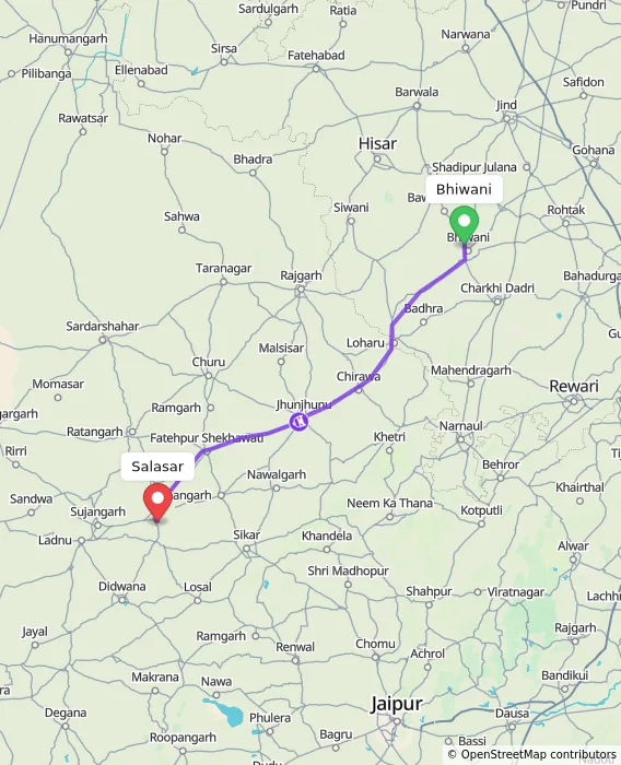 Route map showing distance and travel time from Bhiwani, India to Salasar, India