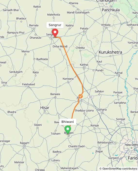 Route map showing distance and travel time from Bhiwani, India to Sangrur, India