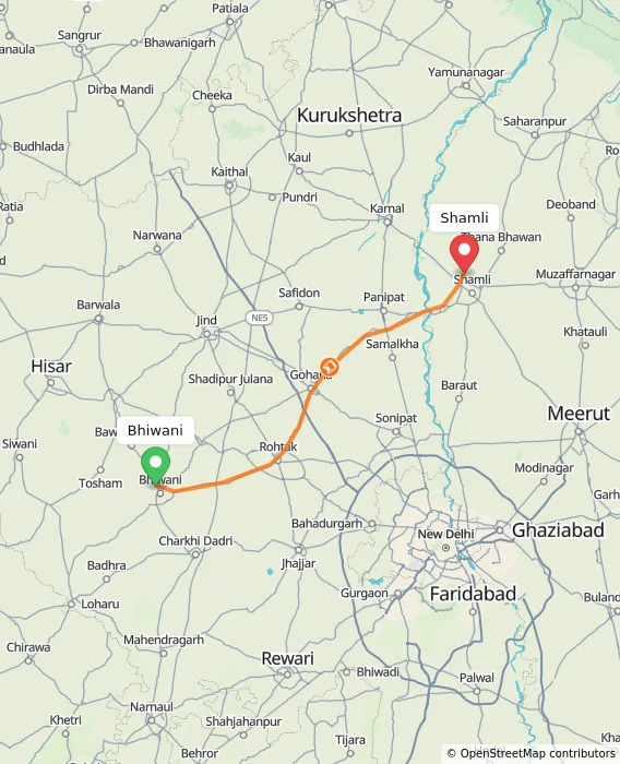 Route map showing distance and travel time from Bhiwani, India to Shamli, India
