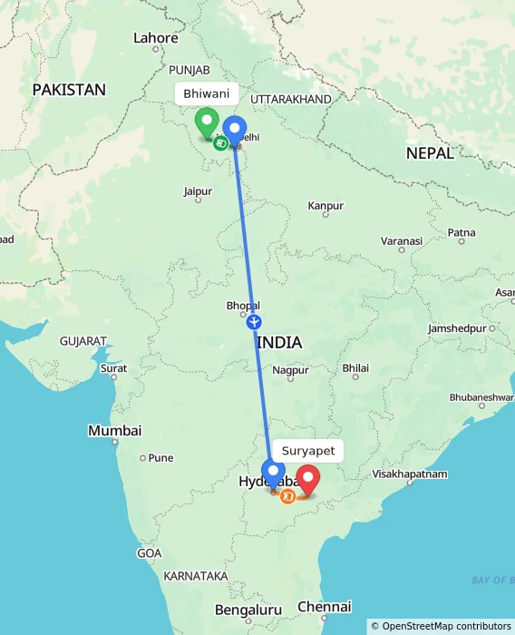 Route map showing distance and travel time from Bhiwani, India to Suryapet, India