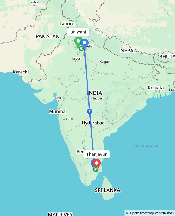 Route map showing distance and travel time from Bhiwani, India to Thanjavur, India
