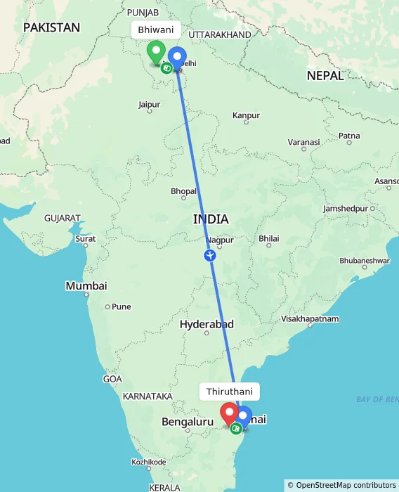 Route map showing distance and travel time from Bhiwani, India to Thiruthani, India