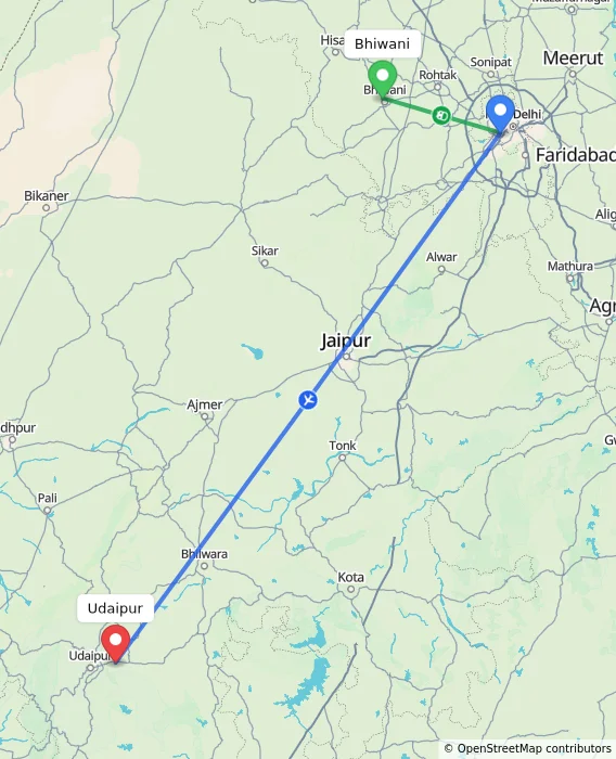 Route map showing distance and travel time from Bhiwani, India to Udaipur, India