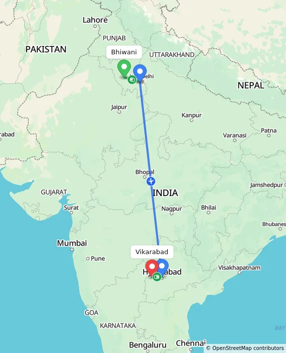 Route map showing distance and travel time from Bhiwani, India to Vikarabad, India