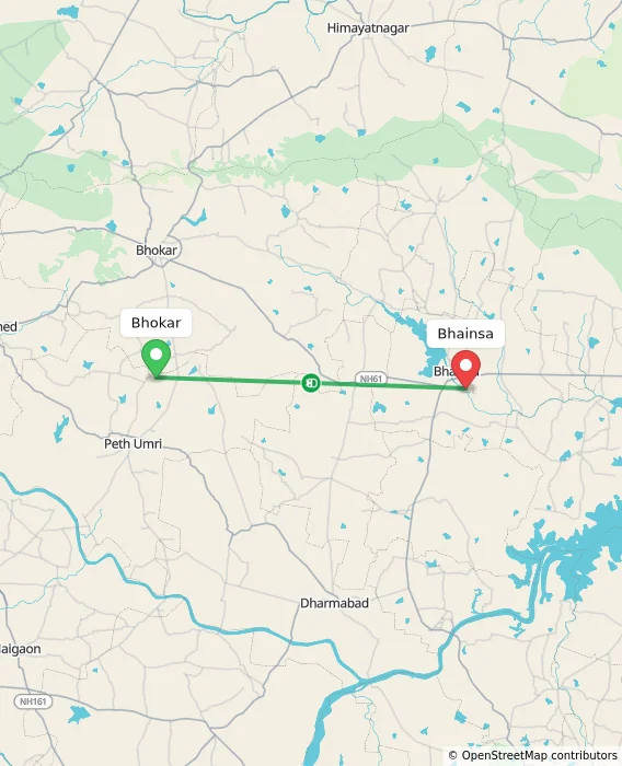 Route map showing distance and travel time from Bhokar, India to Bhainsa, India