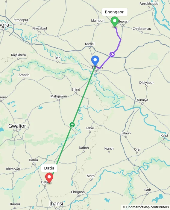 Route map showing distance and travel time from Bhongaon, India to Datia, India