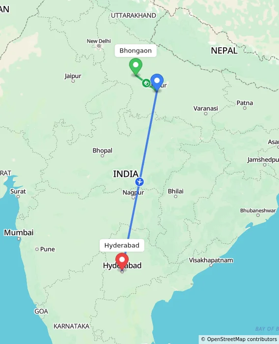Route map showing distance and travel time from Bhongaon, India to Hyderabad, India