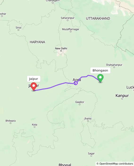 Route map showing distance and travel time from Bhongaon, India to Jaipur, India