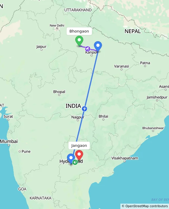 Route map showing distance and travel time from Bhongaon, India to Jangaon, India