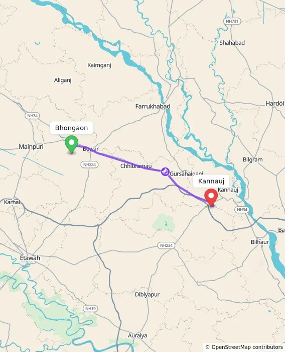 Route map showing distance and travel time from Bhongaon, India to Kannauj, India