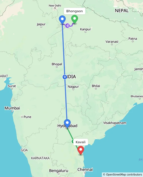 Route map showing distance and travel time from Bhongaon, India to Kavali, India
