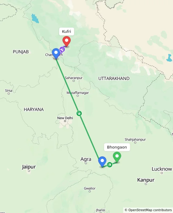 Route map showing distance and travel time from Bhongaon, India to Kufri, India