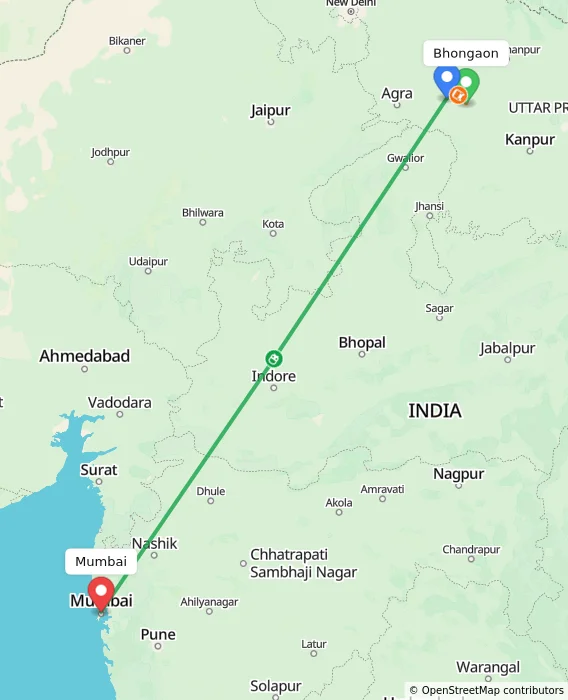 Route map showing distance and travel time from Bhongaon, India to Mumbai, India