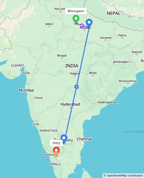 Route map showing distance and travel time from Bhongaon, India to Ooty, India