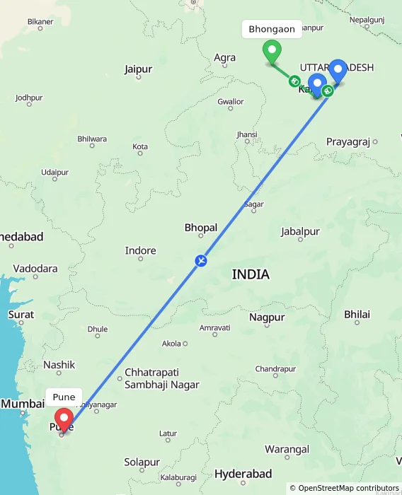 Route map showing distance and travel time from Bhongaon, India to Pune, India