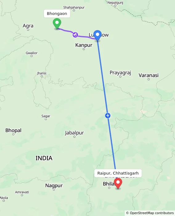 Route map showing distance and travel time from Bhongaon, India to Raipur, Chhattisgarh, India