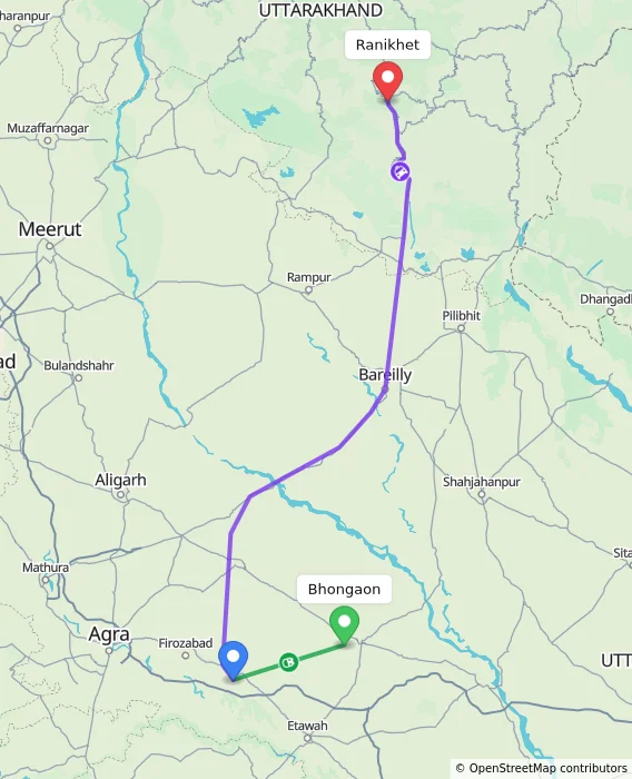 Route map showing distance and travel time from Bhongaon, India to Ranikhet, India