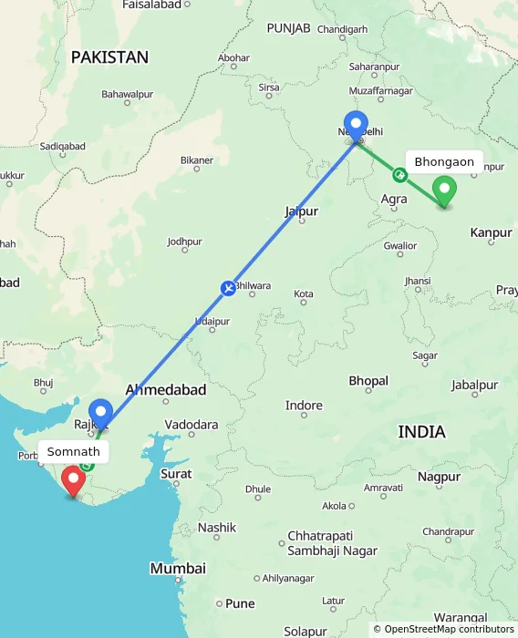 Route map showing distance and travel time from Bhongaon, India to Somnath, India