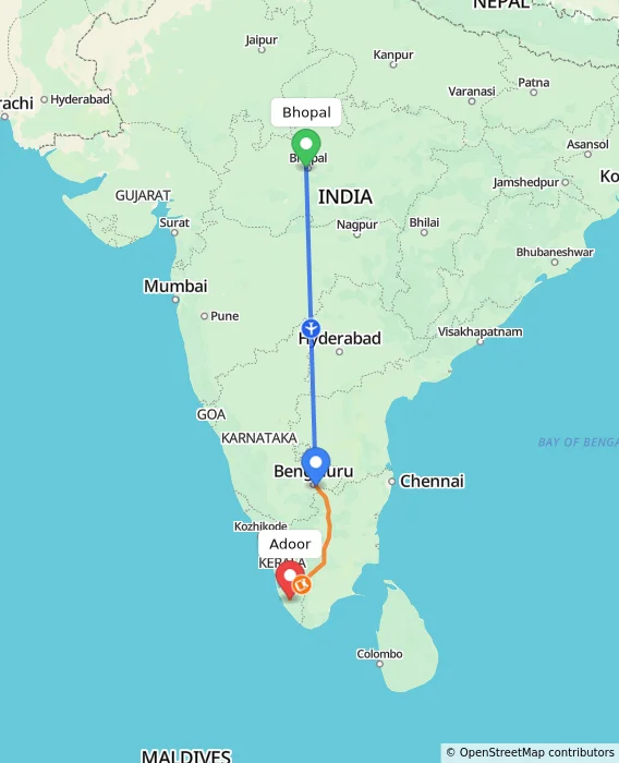 Route map showing distance and travel time from Bhopal, India to Adoor, India