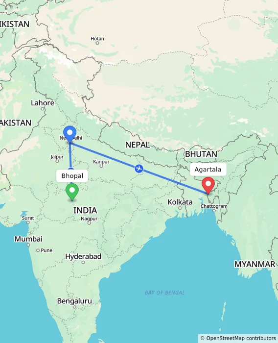 Route map showing distance and travel time from Bhopal, India to Agartala, India