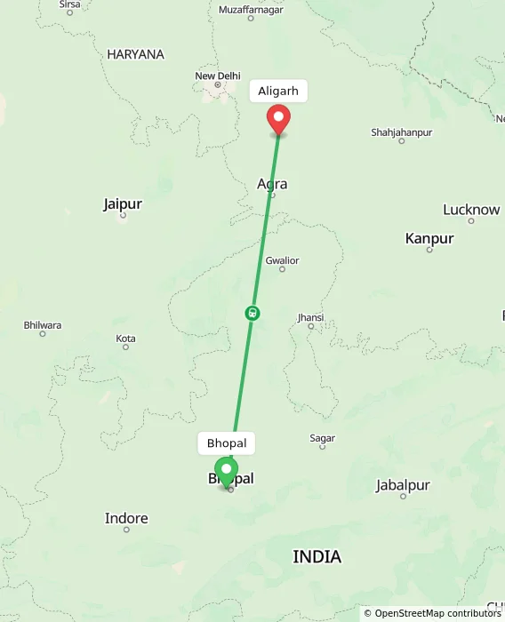 Route map showing distance and travel time from Bhopal, India to Aligarh, India