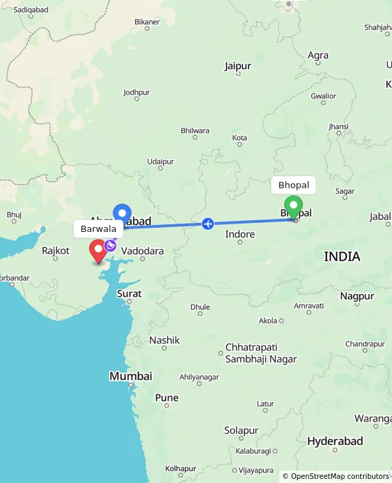 Route map showing distance and travel time from Bhopal, India to Barwala, India
