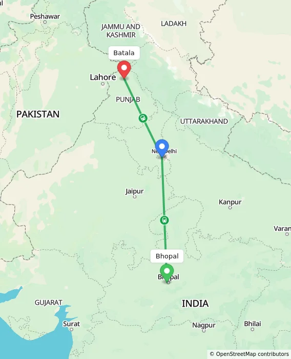 Route map showing distance and travel time from Bhopal, India to Batala, India