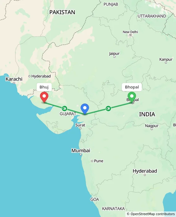 Route map showing distance and travel time from Bhopal, India to Bhuj, India