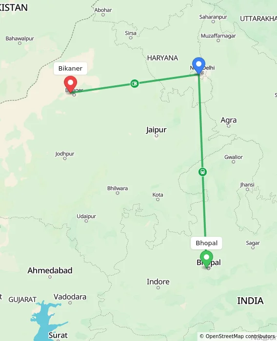 Route map showing distance and travel time from Bhopal, India to Bikaner, India